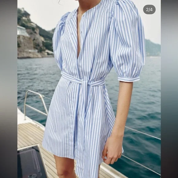 Zara ZW Collection Blue Striped Poplin Mini Dress Puff Sleeve Cotton XL NWT - Picture 2 of 9